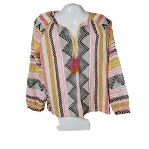Tribal Jeans Women's Long Sleeve Notch Neck Blouse Geometric Print Size G/L